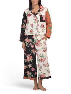 JAPNA 2pc Cotton Mixed Print Long Sleeve Top And Pants Pajama Set